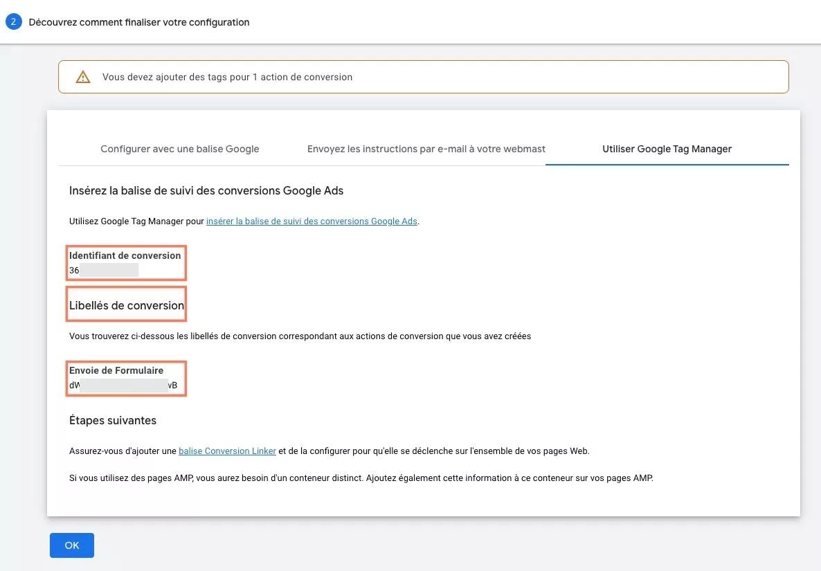 Étape 4.2 – informations du compte google ads pour intégrer conversion à google tag manager