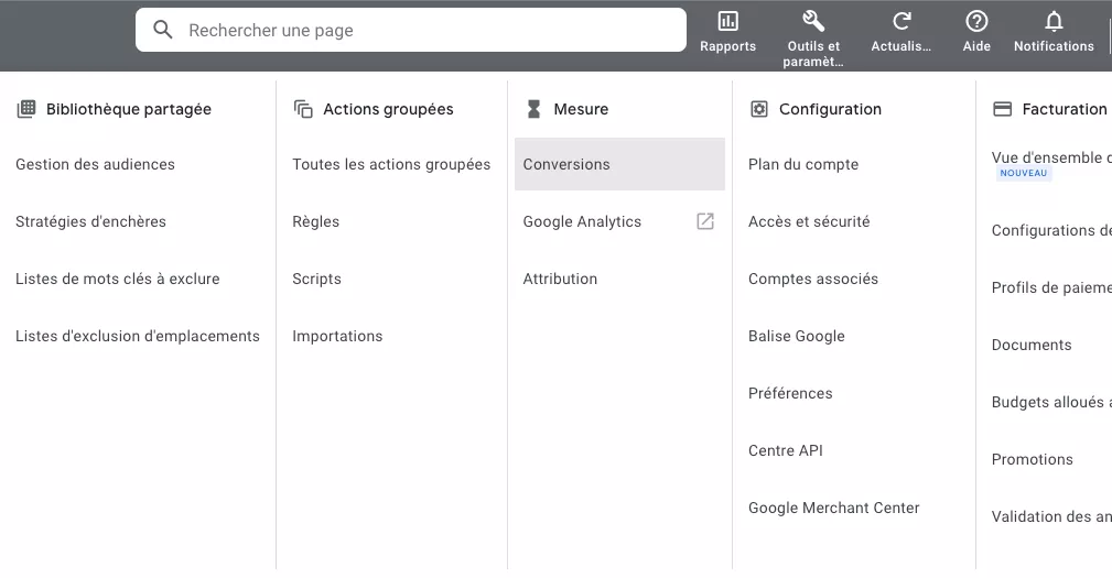 Étape 2.2 – Sélection de la mesure conversion