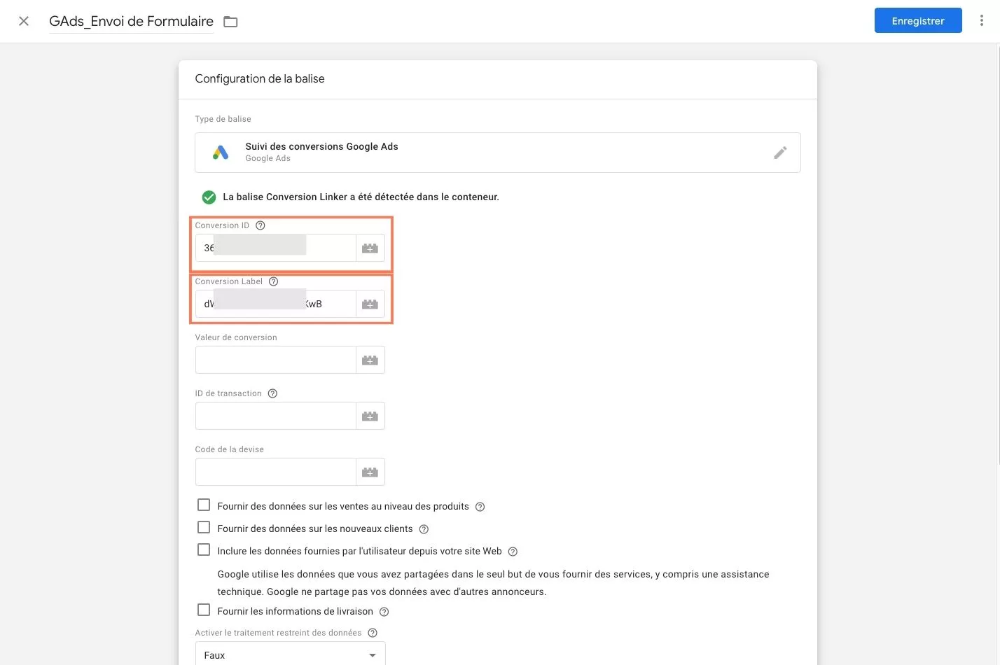 Étapes 4.3 – intégration des information google ads à google tag manager pour intégrer conversion à google tag manager