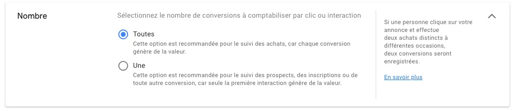 Étape 3.5 – Sélectionner le nombre de conversions par clic ou par interaction