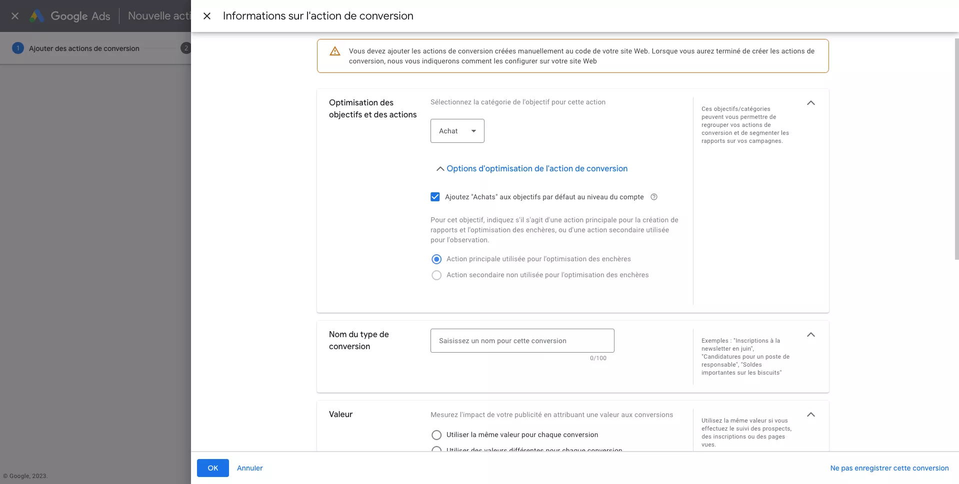 Étape 3.2 – type de conversion principale ou secondaire