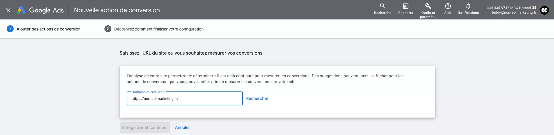 Étape 2.5 – Suivi des conversion grâce au nom de domaine