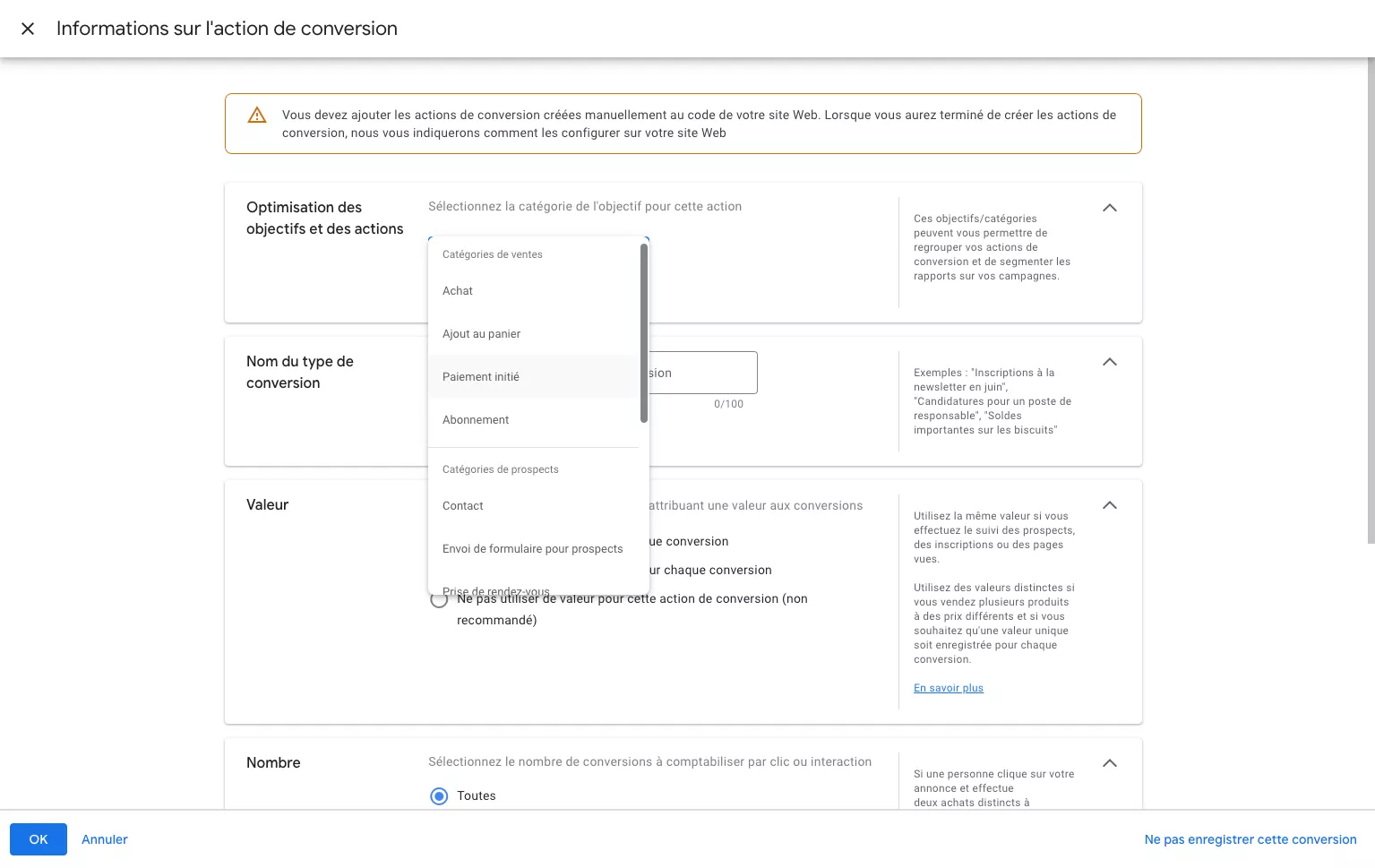 Étape 3.1 – définir votre objectif d&rsquo;action de conversion