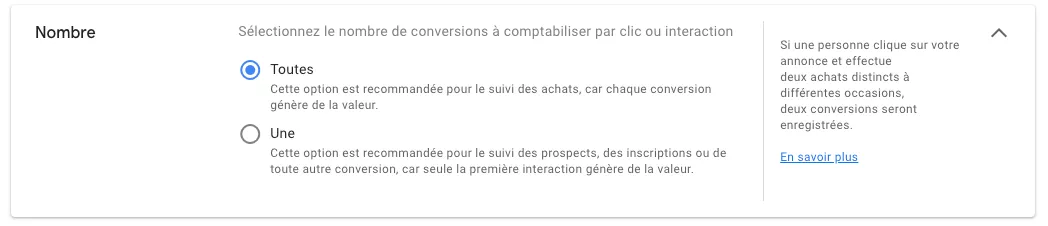 Étape 3.5 – Sélectionner le nombre de conversions par clic ou par interaction