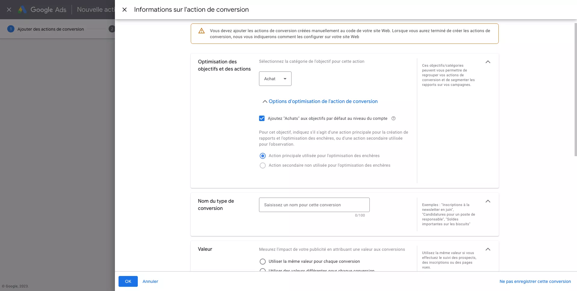 Étape 3.2 – type de conversion principale ou secondaire
